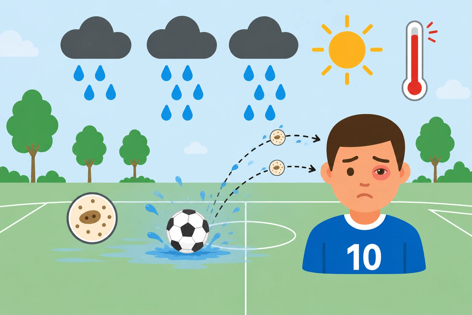 雨上がりのぬかるんだグラウンドで、泥や水が目に入り、目が赤くなったサッカー選手のイラスト / Illustration: a soccer player with a red eye after mud and water splashed into it on a wet ground